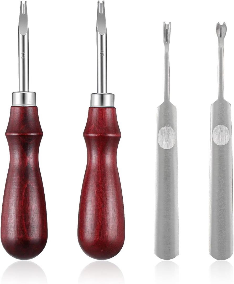 Molain 2 Pcs Leather Edge Skiving Beveler, 2 Pcs U/V Shaped groovers Leather Edge Beveler Tool, Wood Handle Stainless Steel Head Burnisher Leather Working Tools for DIY Craft 1.0mm & 1.5mm (3# + 5#)