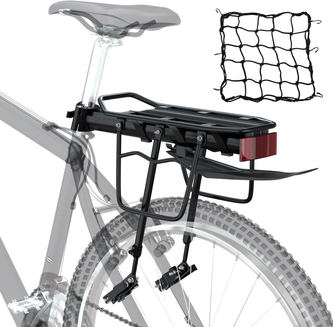 Bike Cargo Rack w/ Fender & Bungee Cargo Net & Reflective Logo, Quick Release Mountain Road Bicycle Rear Racks, Universal Adjustable Bike Luggage Touring Carrier Rack, Large Capacity Bike Pannier Rack
