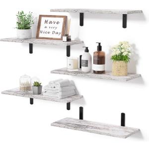 Upsimples Floating Shelves for Wall Decor Storage, Rustic White Wall Mounted Shelves Set of 5, Sturdy Small Wood Shelves Hanging for Bedroom, Living Room, Bathroom, Kitchen, Corner, Book