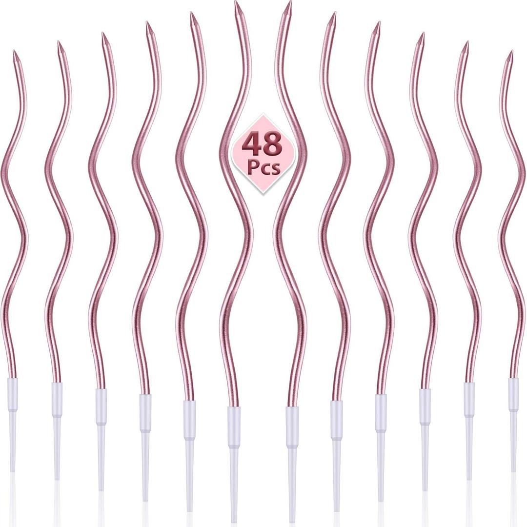 48 Pieces Twisty Birthday Spiral Cake Candles with Holders Long Thin Curly Coil Metallic Cake Cupcake Candles for Birthday Wedding Party Decoration(Metallic Rose Gold)