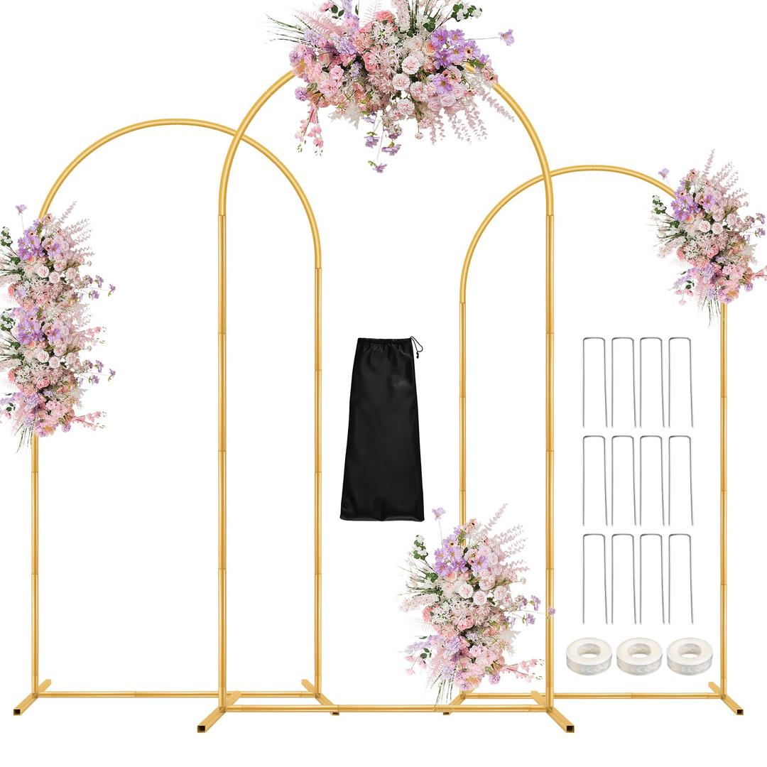 DEVISEFUN Arch Backdrop Stand, 7.2FT, 6.6FT, 6FT Set of 3 Metal Gold Wedding Balloon Arch Stand Kit with Base for Gender Reveal Ceremony Bridal Graduation Party Event Background Decoration, 7.2FT, 6.6FT, 6FT, Gold