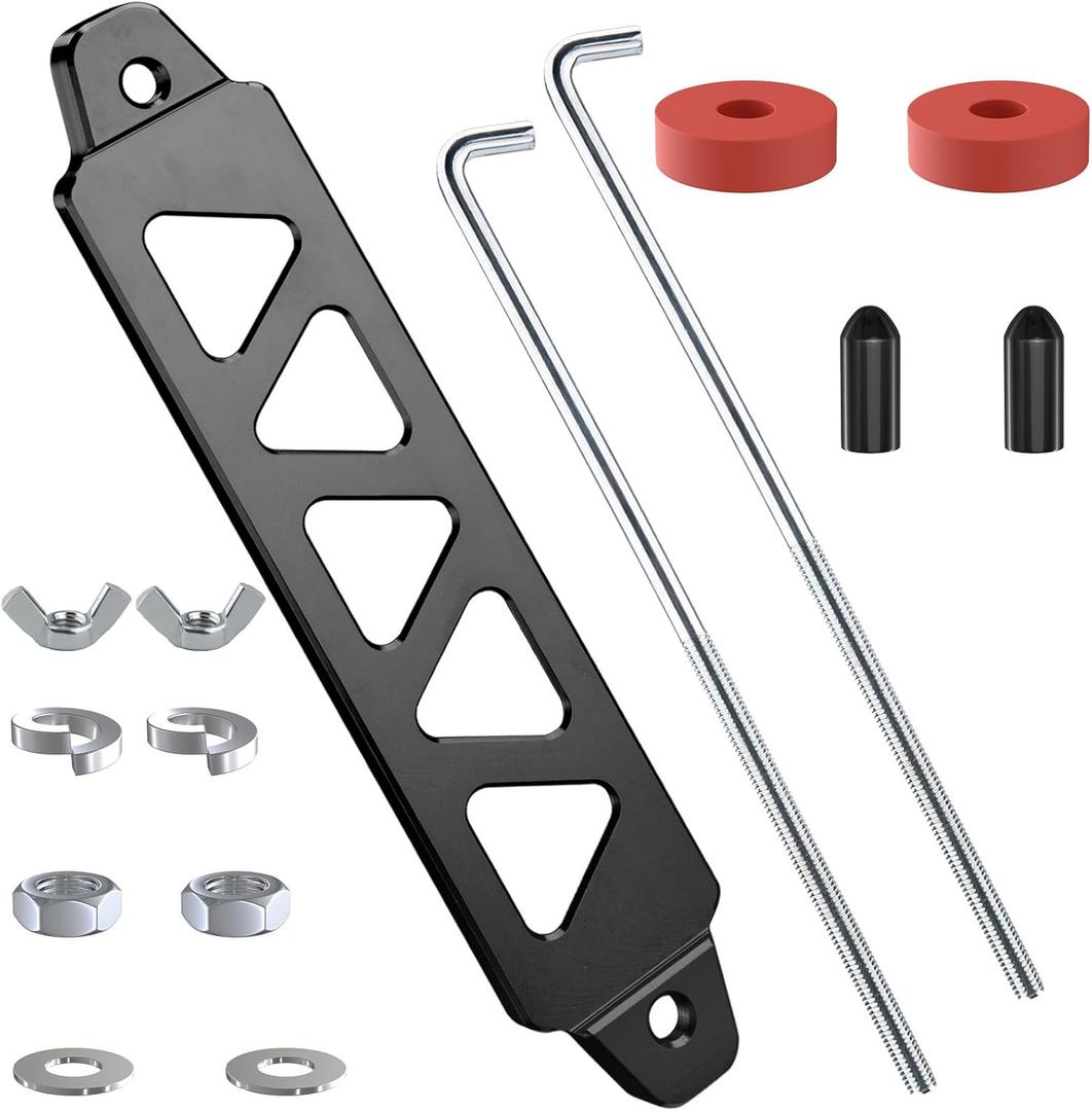 BFXM Battery Hold Down Kit, Aluminum Alloy Battery Tie Down Mount Bracket, Battery Hold Down Bracket with J Bolts, Universal 8.5" Triangular Five-Hole Car Battery Holder Kit for Car, SUV, RV (Black)