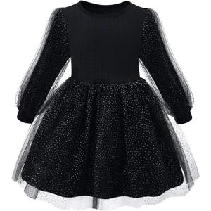 Little Bitty Girls Long Sleeve A-Line Tulle Princess Dress, Midi Length Casual Party Ribbed Knit Top Tulle Skirt 7 Years