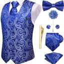 Hi-Tie Silk Mens Suit Vest Tie and Bowtie Lapel Pin Gold Tie Clip Paisley Floral Waistcoat 8PCS Set Tuxedo Wedding Party (Blue)