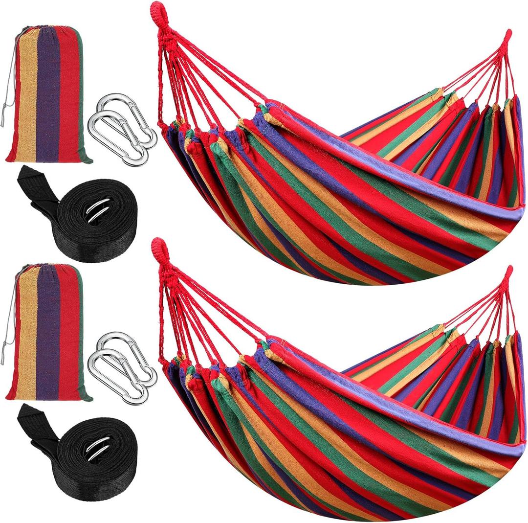 Windyun 2 Sets Cotton Canvas Hammock Large Double Hammock 400lbs Portable Camping Hammocks for Outside with Carrying Bag Sturdy Metal Knot Ropes and Tree Straps for Travel Patio Garden Backyard (Red)
