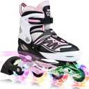 2PM SPORTS Cytia Pink Girls Adjustable Illuminating Inline Skates with Light up Wheels, Fun Flashing Beginner Roller Skates for Kids (Medium - Big Kid (13C-3 US))