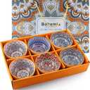 Ceramic Rice Bowls 10 oz, Bohemian Style Bowl Gift Set, Assorted Dinnerware Serving Bowls for Cereal, Soup, Dessert, Snack, Fruit, Salsa, Pack of 6 (Geometric Pattern)