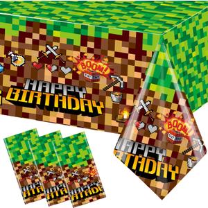 Pixel Miner Theme Birthday Tablecloth Pixel Miner Disposable Plastic Table Cover Rectangle Game Tablecloths for Game Party Supplies, 108in x 54in