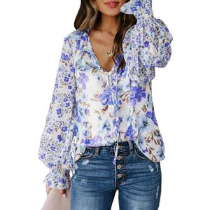 Biucly Women's Casual Boho Floral Print V Neck Long Sleeve Drawstring Tops Loose Blouses Button Down Shirts (X-Large, Blue)