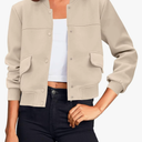 Tankaneo Womens Cropped Bomber Jackets Casual Button Down Long Sleeve Stand Collar Varsity Shacket Coats size XL