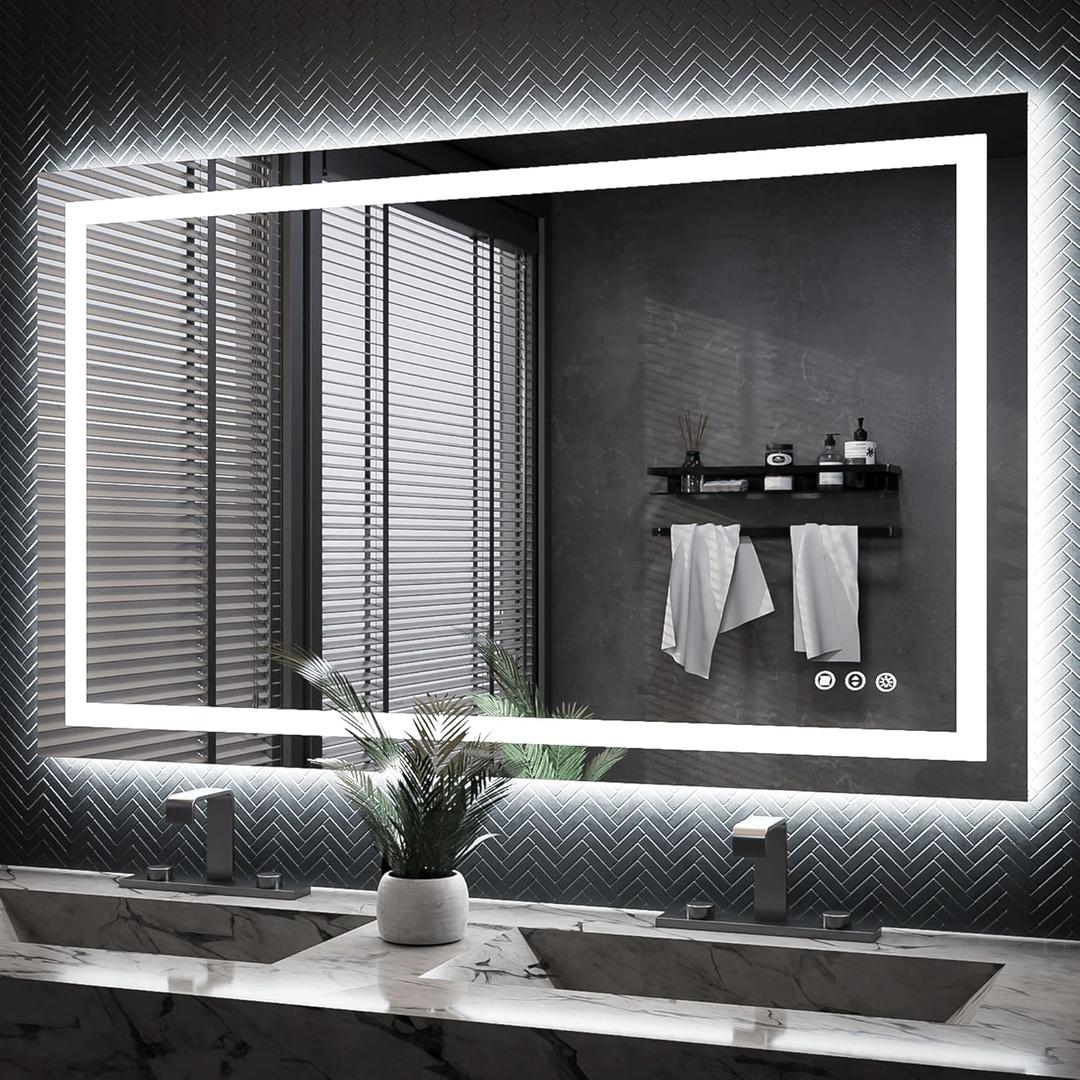 ISKM 50'' x 30'' LED Mirror for Bathroom Lighted Vanity Mirror for Wall Front Lights + Backlit LED Bathroom Mirror Anti-Fog Tempered Glass ETL Listed