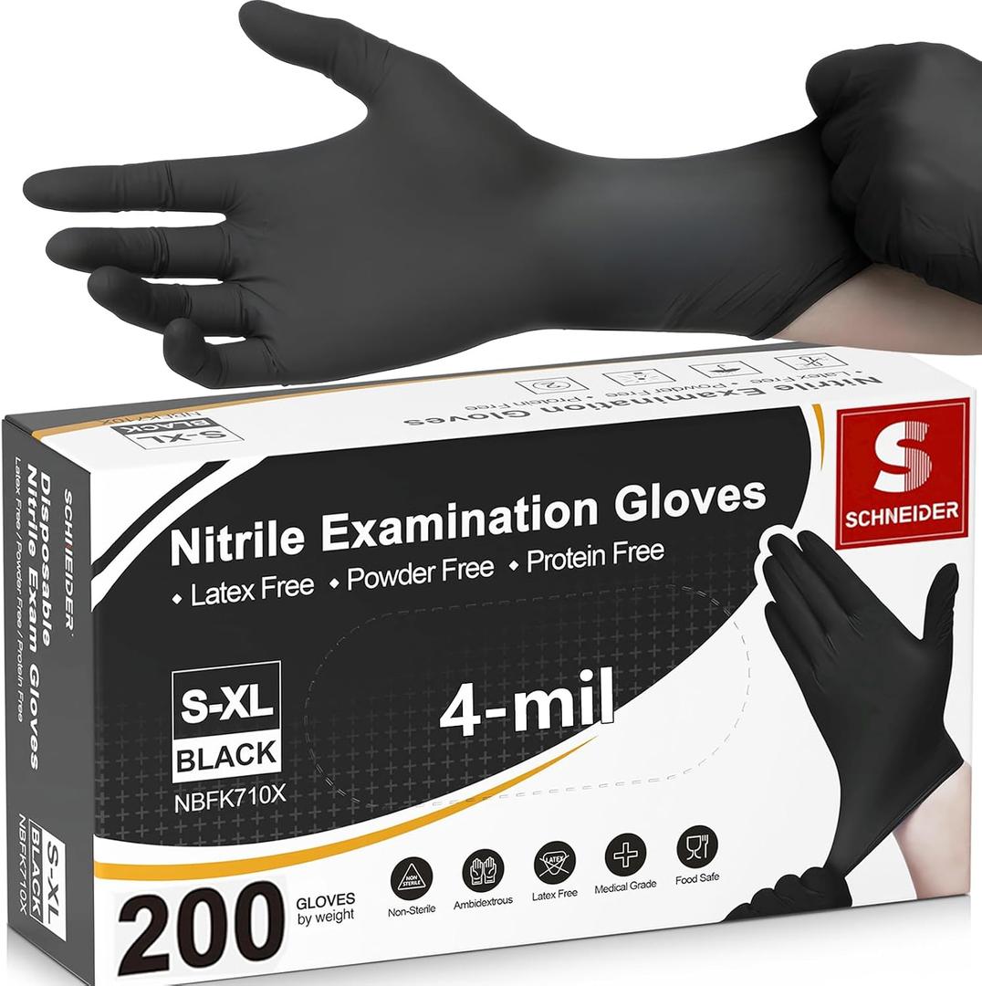 Schneider Nitrile Exam Gloves, 4 Mil Black Gloves Disposable Latex Free Powder Free, Food Safe for Cooking, Food Prep, Clean Medium