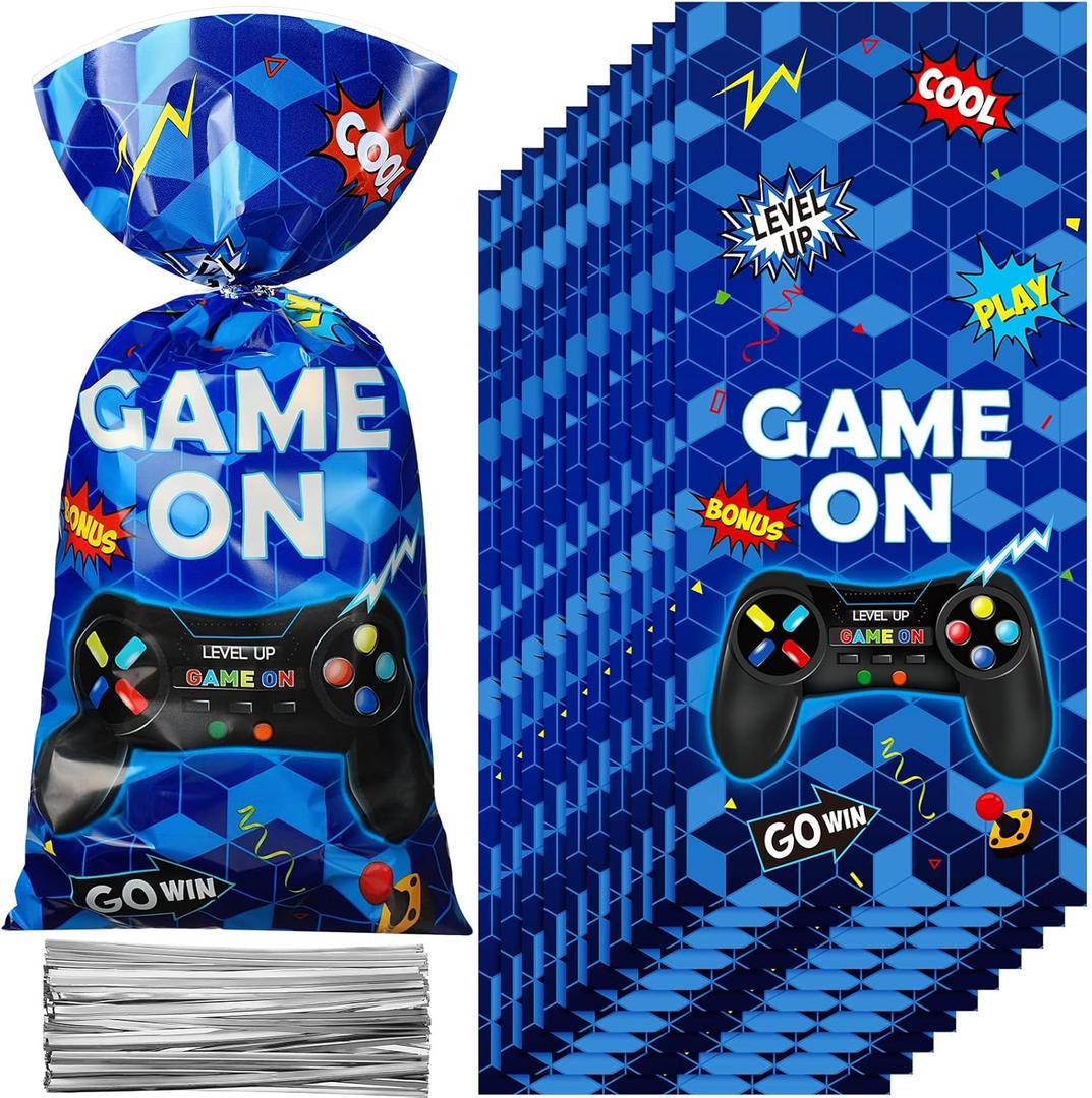 Pajean 100pcs Video Game Plastic Loot Bags Game on Favor Goody Candy Treat Bags for Themed Birthday Party(Blue)