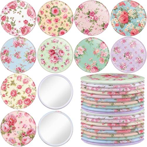Briwooody 20 Pcs Rose Vintage Compact Mirrors Bulk for Women 2.76 in Round Floral Pocket Makeup Mirror Gifts for Tea Party Birthday Bridal Baby Shower Wedding Party Supplies Decor