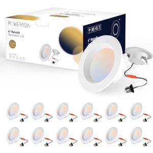 12 Pack 4 Inch LED Can Lights Retrofit Recessed Lighting, 5CCT 4 Inch Recessed Downlight Selectable 2700K-6000K Dimmable, 9W 630LM Recessed Lights with Metal Smooth Trim- ETL and Energy Star Certified