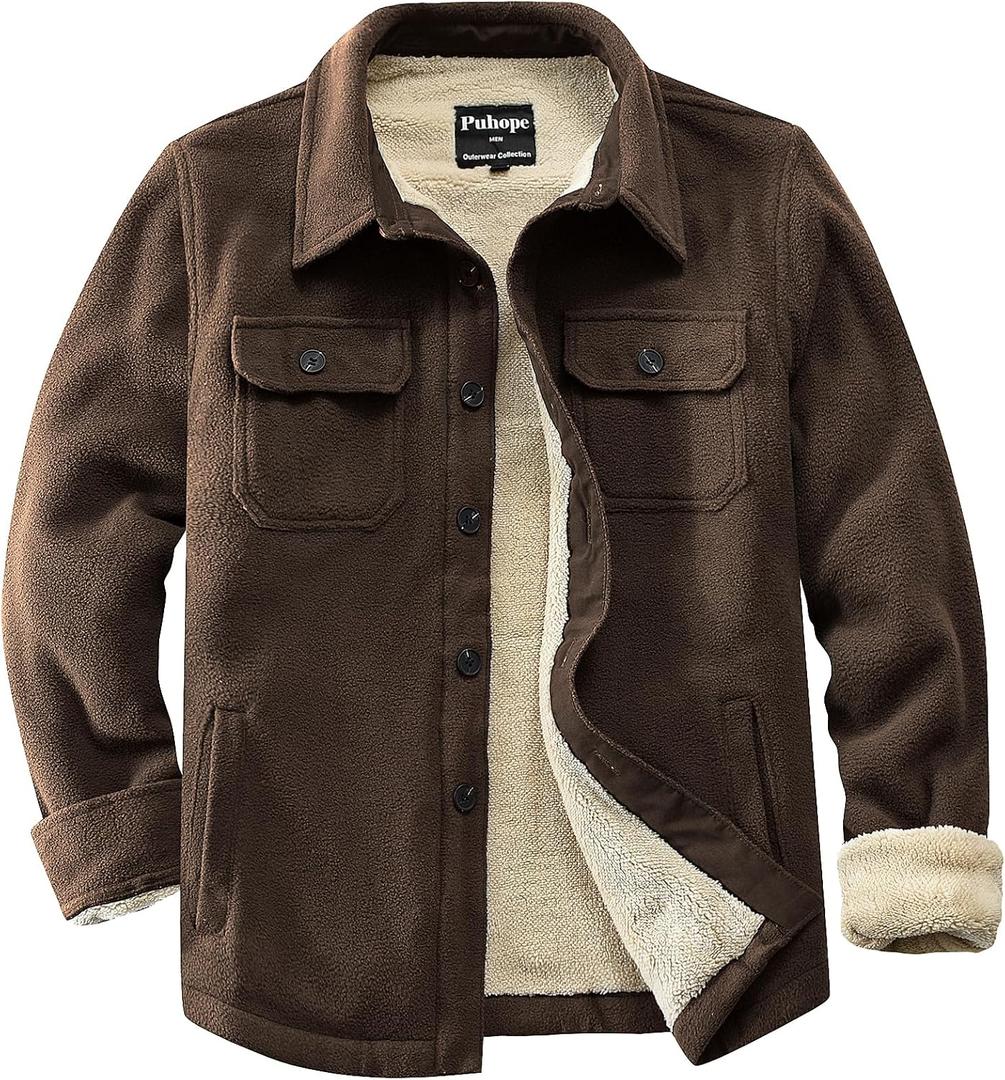 Men's Polar Fleece Warm Sherpa Lined Shirt Jacket for Men Thick Button Down Jacket with Multi Pockets (Brown, XL)