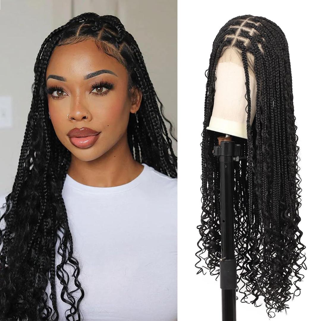 Knotless Boho Braided Wigs 13x8'' HD Lace Front Braided Wigs for Women Box Braid Wig with Baby Hair Black Long Premium Synthetic Braided Lace Front Wigs 36 Inch