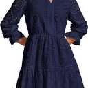PRETTYGARDEN Women's Spring 2025 Long Puff Sleeve Mini Dress Hollow Out Lace V Neck A Line Ruffle Casual Party Dresses (Navy, Medium)
