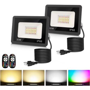 L LOHAS LED 30W Flood Light Outdoor, RGB Landscape Lighting with Remote Control, Timing - 2700K/4500K/6500K - Color Changing for Patio Backyard Step Wall, IP66, US 3-Plug, UL Listed (2 Pack)