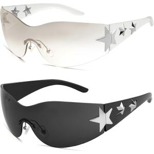 Rimless Y2K Sunglasses Star Wrap Around Glasses 2000S Accessories for Women Men Trendy Fashion Cool Shield Shades (Black/ Black, Transparent/ Transparent)