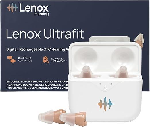 Lenox UltraFit OTC Hearing Aids for Seniors – Rechargeable, Nearly Invisible, Noise Reduction, Comfortable InEar Fit, EasytoUse, Left & Right Pair with Charging Case