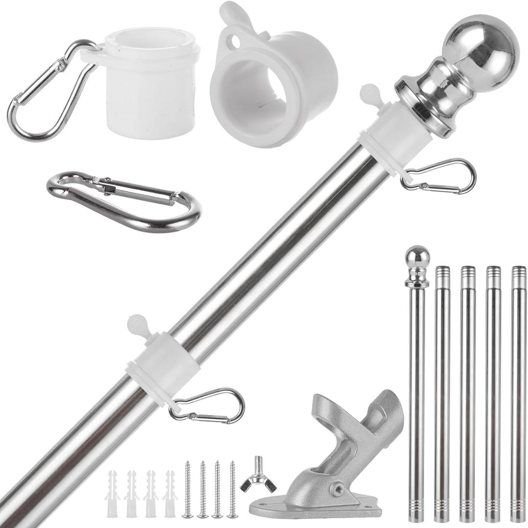 6 FT 1" Flag Poles Kit for Outside House, Aluminum Alloy Tangle Free Rings, Flagpole Kits with Bracket Holder & Rotating Flag Rings, Metal Flagpole Kit for Residential, Outdoor or Porch Silver