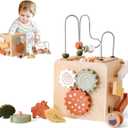 ibwaae 5 in 1 Wooden Activity Cube Play Center Bead Maze Leaves Shape Sorter Learning Montessori Toys for Toddlers 1-3 Early Educational Developmental Learning Toys for Kids