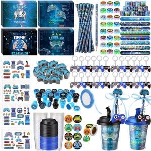 218 Pcs Video Game Party Favors Set Includes Drink Cup with Lid Game Card Pencil Sharpener Eraser Stickers Slap Bracelet Keychain Stamp Sticker Ribbon for Gamer Birthday Level Party