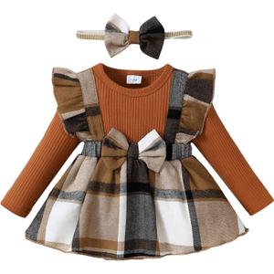 Baby Girl Winter Clothes Toddler Girl Spring Outfit Long Sleeve Ruffle Romper Suspender Skirt Headband Set (12-18 Months, Brown)