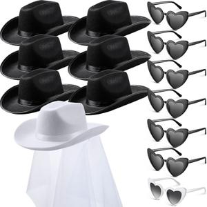 Unittype 14 Pcs Bridal Cowgirl Party Set Heart Glasses Bride Cowboy Hats for Bachelorette Party Bridal Wedding Shower (Black, White)