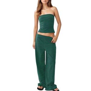 AICHARMWA Women's Striped Two Piece Sets Cropped Tube Top and Wide Leg Pants Lounge Matching set with Pockets(031-Blue-M)