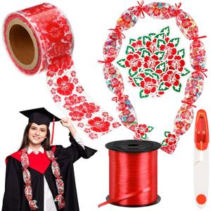 Jexine 118 Feet Graduation Hawaiian Candy Lei Making Kit Includes 30 Pcs Candy Lei Bags 750 Feet Ribbon 24 Pcs Hibiscus Cards for Graduation Party Gift(Red,Hibiscus)