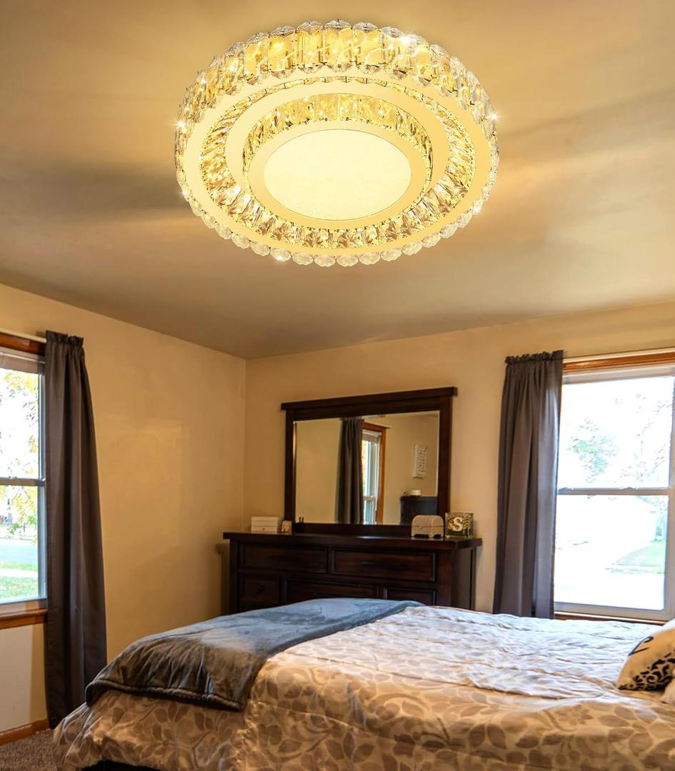 19.6'' Dimmable Crystal Chandelier Modern LED Flush Mount Ceiling Light Fixtures for Living Room Bedroom Hallway Kitchen Island Staircase Gold
