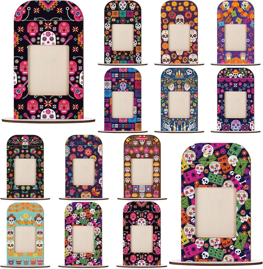 Qunclay 12 Set Dia De Los Muertos Altar Day of the Dead Decorations,Wooden Frames Picture Dia De Los Muertos Altar Kit Ofrenda Picture Frame Tabletop Halloween Diwali Decoration (3.9 x 3.1 Inches)