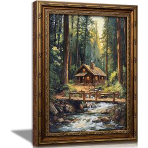 Vintage Gold Framed Forest Wall Art, Retro Mountain Woods Cottage Oli Painting Canvas Print, Antique Log Cabin Picture Wall Decor, Rustic Farmhouse Stream Poster Artwork for Bedroom Living Room, 24''Lx16''W