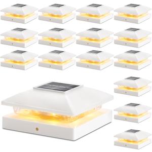 Solar Post Cap Lights Outdoor 16pack, White Waterproof Solar Powered Deck Fence Post Lights Fit 4x4 Wood/Vinyl Posts, Bright Warm White Solar Cap Light Decorate Deck, Patio, Porch, Fence