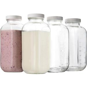 Kitchentoolz 32 oz Square Glass Bottles with Plastic Airtight Lids 4 Pack for Milk, Smoothies, Water, Kombucha, and Broth Storage