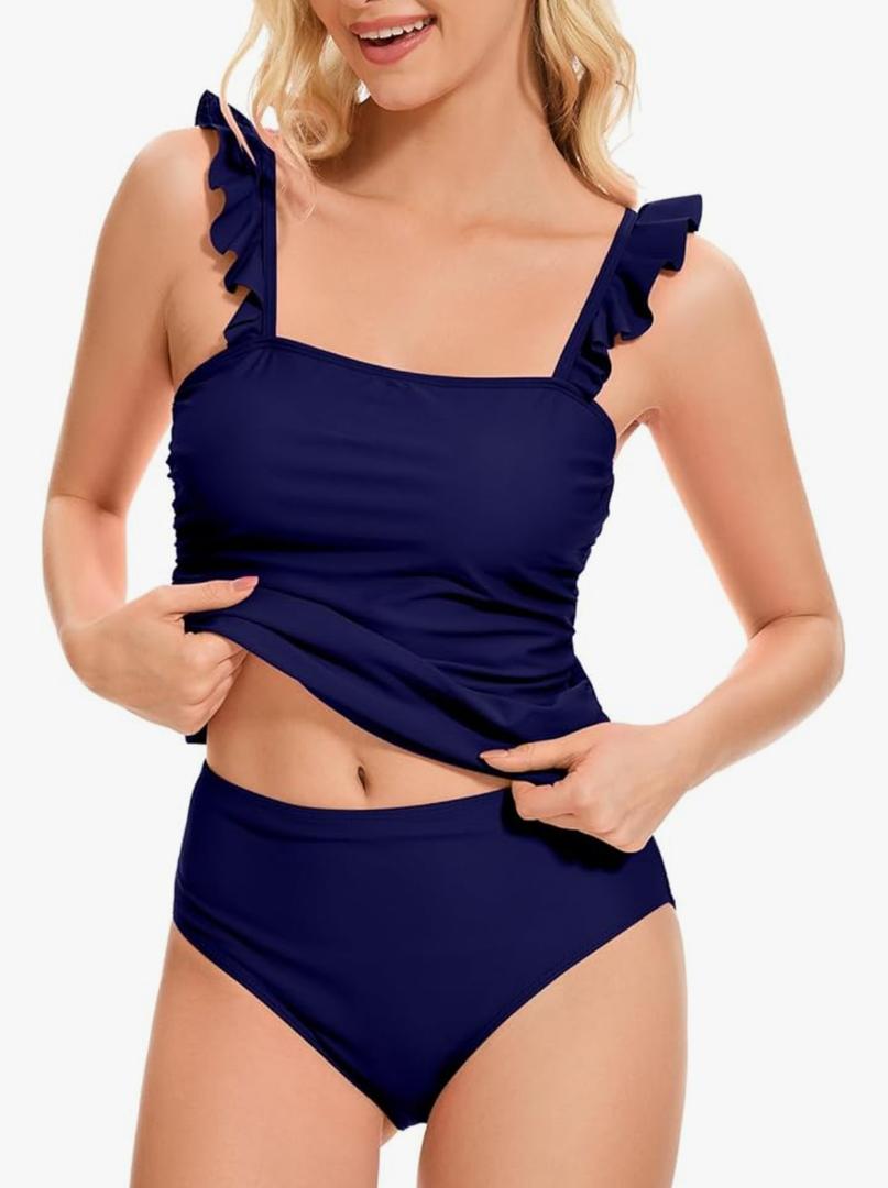 Tankini Swimsuit for Women Two Piece Tummy Control Bathing Suit Ruched Ruffle Swimwear Top with Bottom, Blue, L
