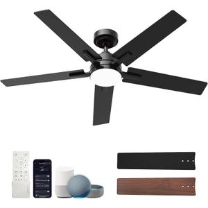 52 Inch Smart Ceiling Fans with Lights, Compatible with Alexa/Remote/APP, Downrod Mount, Reversible DC Motor, High CFM, 5 Blades, 6 Speeds, 3CCT, Dimmable, for Bedroom, Living Room, Black