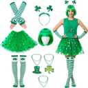 8 Pcs St. Patrick's Day Costume Accessories Set for Women Include Striped Socks Arm Sleeves Green Wig Tutu Skirt Shamrock Headband Necklaces