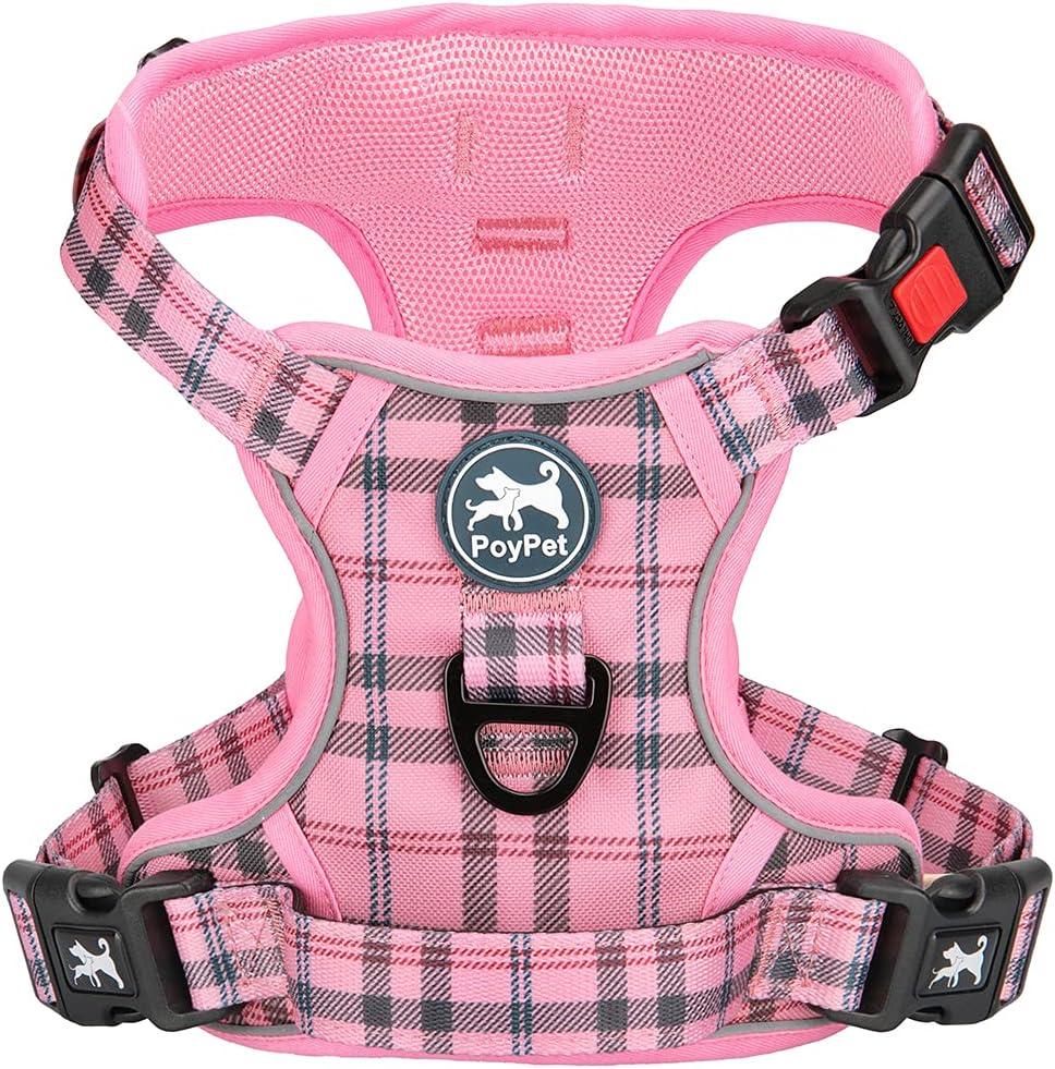 PoyPet No Pull Dog Harness, [Release at Neck] Reflective Adjustable No Choke Pet Vest with Front & Back 2 Leash Attachments, Soft Control Training Handle for Medium Dogs(Checkered Pink,M)