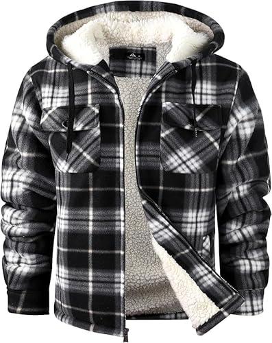 SCODI Men's Flannel Shirt Jacket Fleece Sherpa Lined Plaid Jackets Coat Full Zip Up Hoodie Winter Outwear Black White X-Large