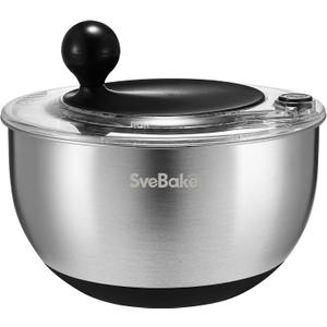 5.3Qt Stainless Steel Salad Spinner with Stop Button, BPA-Free Vegetable Lettuce Spinner, Transparent Lid & Drainage Hole, Non-Slip Base, Dishwasher Safe Fruit Washer (Black&Transparent)