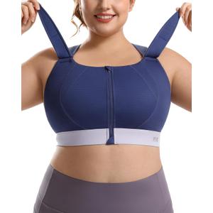 High Impact Sports Bras Non Pads Zip Front Adjustable Racerback Bra for Large Bust Women Workout Running, XL