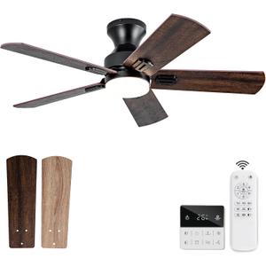 42 Inch Black Ceiling fans with lights and Remote,Low Profile Flush Mount Modern Ceiling Fan with Light, 5 blades,Dimmable LED Light,Wall Switch,Indoor Outdoor Ceiling Fan for Bedroom