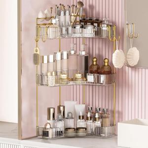 3-Tier Corner Bathroom Counter OrganizerMakeup & Skincare Shelf with Built-in Brush HolderSpace-Saving Bathroom Countertop Organizer for Skincare, Perfume, Cosmetics(Clear)