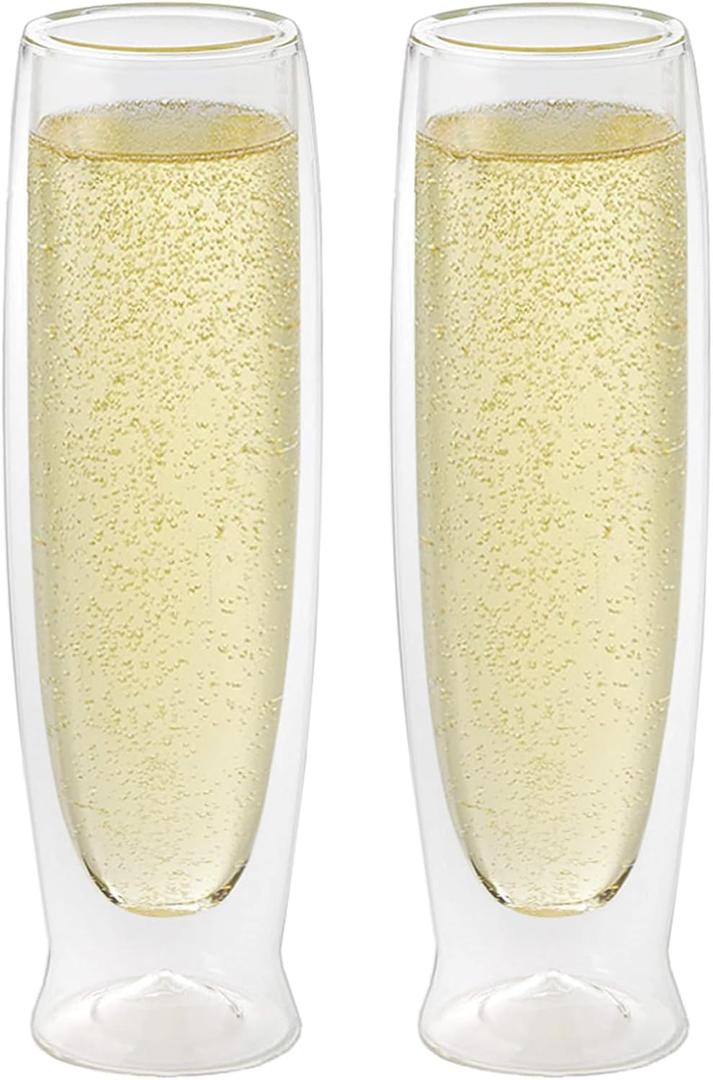 OGGI Champagne Flutes Double Wall Insulated Glass, Ideal for Champagne Cava Prosecco Sparkling Wine Mimosa Bridesmades Bridal Shower, Stays Cool Longer Even Outdoors, Stunning, 6oz/180ml, Set 2 (Clear)