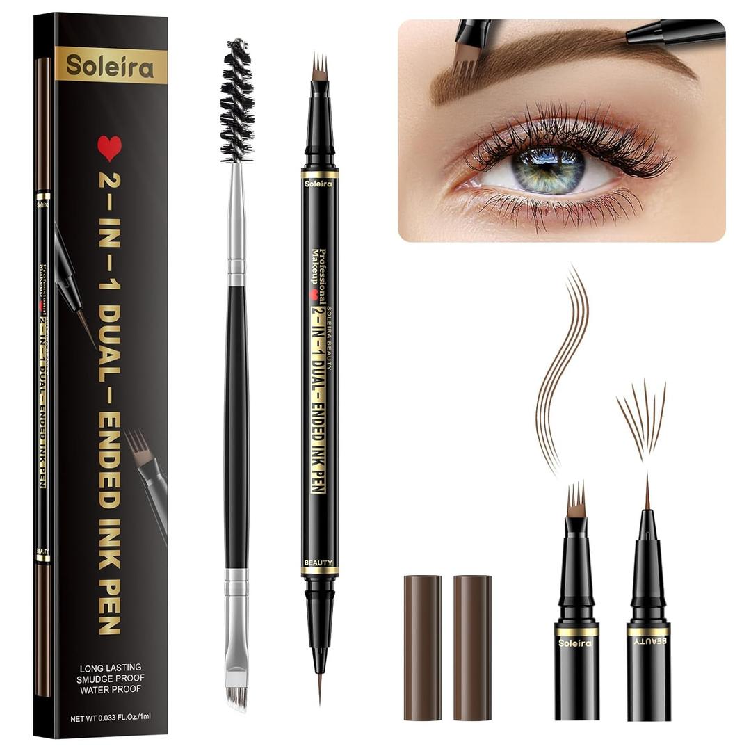 Eyebrow Pen, Soleira Waterproof Eyebrow Pencil with 4 Tip Microblading Eyebrow Pen and Dual-ended Eyebrow Brush, for Natural-Looking Brows, Long-Lasting, Soft Brown
