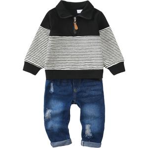Baby Toddler Boy Clothes Fall Winter Boys Outfits Quarter Zip Pullover Sweatshirt Jeans Denim Pants Sweatsuit Set (Black)