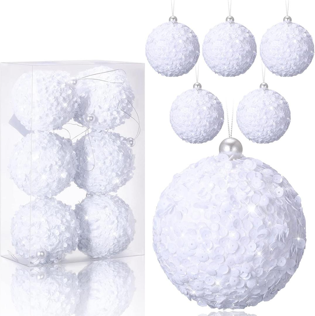 Threan 6 Pcs 3.93'' White Ball Christmas Ornaments Large Glitter Christmas Ball Ornament Sequin Foam Hanging Decorations for Xmas Wedding Party Holiday Decor